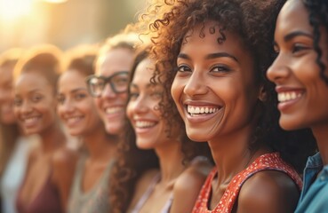 Fototapeta premium A diverse group of smiling young women stand in a row outside during golden hour. Their joyful faces show friendship and happiness, highlighting community and shared moments.