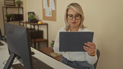 Woman holding tablet at office desk by computer screen inside a building while reviewing documents; productivity efficiency concentration focus.