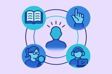 Cognitive engagement theories illustrated by interconnected learning styles emphasizing analytical thinking, visual comprehension, auditory processing, and discovery