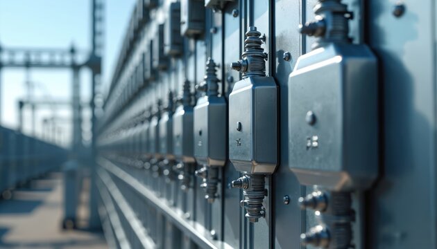 Electrical substation shows capacitor bank array. Silver metal units provide power. Modern energy infrastructure equipment distributes electricity with industrial technology. Electric power station