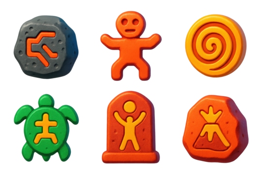 Polynesian Petroglyph Icons. 3D icon set of Polynesian petroglyphs: lava rock etching, humanoid figure glyph, concentric spiral