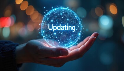 Hand holds glowing digital sphere with word updating. Futuristic technology concept implies system upgrades, software installation, data transfer and global connection. Future network.