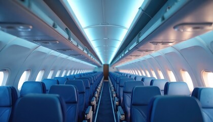 Empty airplane cabin with rows of blue seats. Blue mood lighting illuminates the aisle and overhead compartments. Aircraft interior shows passage to rear.