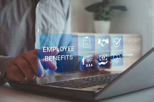 Employee benefits and compensation strategy concept. Employee benefits options on digital interface on laptop. Icons various benefits such as healthcare, insurance, travel, awards, and financial perks