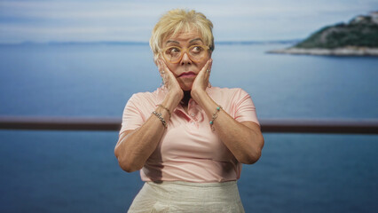 Fototapeta premium Senior hispanic woman wearing glasses presses her cheeks with both hands in a surprised gesture on a studio seascape set; surprise.