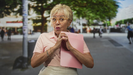Woman wearing glasses holding a pink clipboard and clasping hands near walking crowd on street; gentle nostalgia playful.