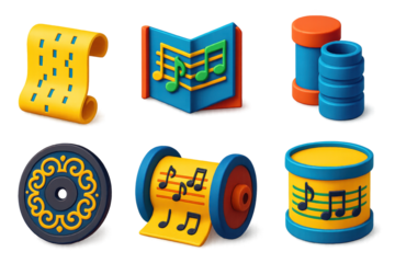 Vintage Music Icons. 3D icon set of music rolls and playback media: paper roll with music holes, folded organ book, wax cylinder