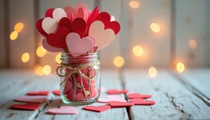 Glass jar filled with red pink hearts and scattered outside. Soft bokeh lights illuminate festive romantic background for holiday. Perfect love declaration or gift idea.