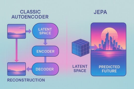 Innovative autoencoder architecture juxtaposing classic methodology against JEPA model integrated within a vibrant latent space showcasing predicted future landscapes in a technological context