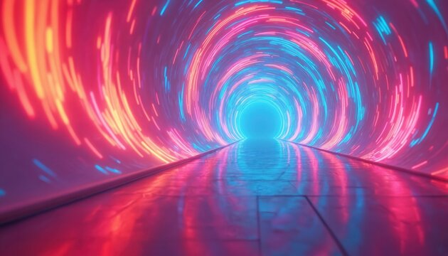 Abstract glowing tunnel with pink and blue neon light streaks. Light waves move in circular motion creating futuristic perspective. Dark floor reflects colorful energy.