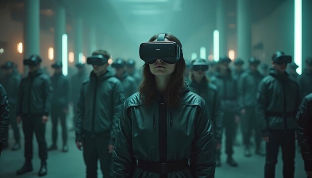 Group of people wearing VR headsets stand together in futuristic setting, exploring digital worlds. Wear matching grey outfits, suggesting unity conformity in shared virtual reality experience.