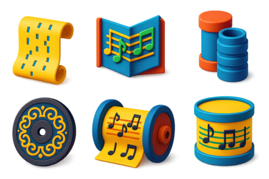 Vintage Music Icons. 3D icon set of music rolls and playback media: paper roll with music holes, folded organ book, wax cylinder