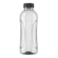 Clear plastic water bottle with condensation droplets, black cap, isolated on white background.