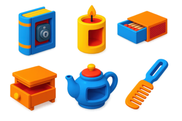 Secret Storage Icons. 3D icon set of hidden storage objects: book safe with lock, hollowed-out candle, matchbox compartment,