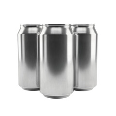 Three blank silver aluminum beverage cans standing together isolated on a white background.
