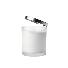 A white scented candle in a frosted glass jar with a silver lid slightly ajar, isolated on a white background.