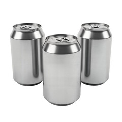 Three blank silver aluminum cans standing upright on a white background, ready for branding or recycling.