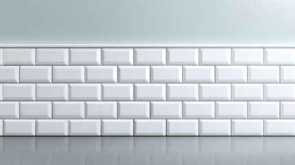 Fototapeta premium Smooth White Subway Tile Wall with Reflective Surface, Ideal for Modern Kitchen or Bath Interiors, Bright and Clean Look for Stylish Spaces