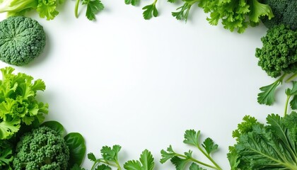 Fresh green vegetables like broccoli and lettuce arranged on white surface. Healthy food border with space for text. Natural ingredients for cooking, vegetarian meals, and organic nutrition.