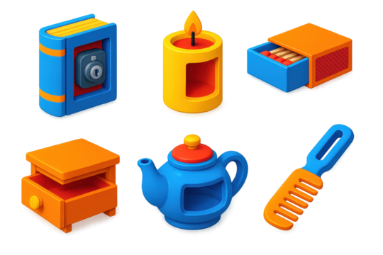 Secret Storage Icons. 3D icon set of hidden storage objects: book safe with lock, hollowed-out candle, matchbox compartment,