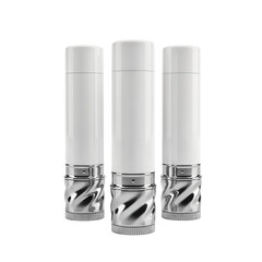 A set of three modern white and chrome salt and pepper grinders isolated on a white background.