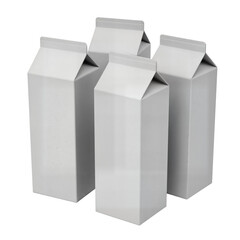 Four plain white unbranded cardboard cartons, commonly used for milk or juice, standing upright on a white background.
