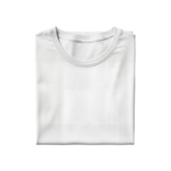 A clean, folded white t-shirt is presented against a stark white background, highlighting its simple design and fabric texture.