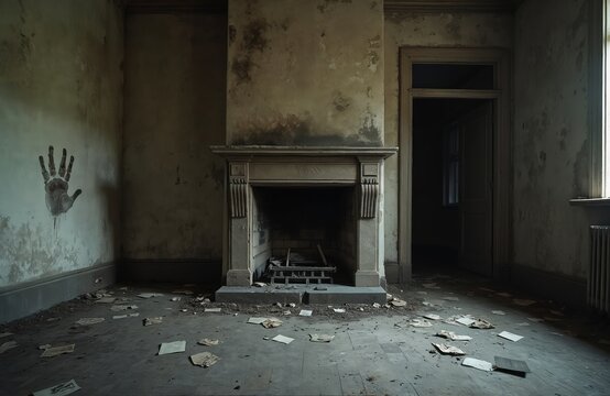 Abandoned old room has broken fireplace. Dirty walls show peeling paint, creepy handprint. Debris, papers rubbish floor. Empty house shows decay, neglect, creating scary, eerie interior atmosphere.