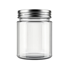 A clear glass jar with a silver lid, suitable for storage or preserving food items.