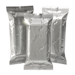 Three shiny silver foil wrapped rectangular packages on a white background.