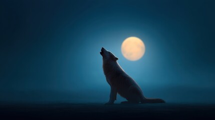 Majestic Wolf Howling at Bright Full Moon Against Serene Night Sky with Misty Landscape and Moonlight Reflection in Tranquil Scene