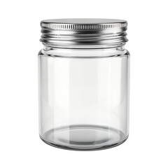 Empty transparent glass jar with a silver metal screw lid, isolated on a white background.