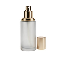 A frosted glass bottle with a gold pump dispenser and cap, isolated on a white background.