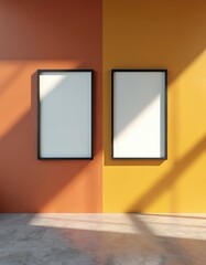 Naklejka premium Two blank picture frames hang on a two-tone wall. Sunlight casts dramatic shadows across the orange and yellow surfaces. This interior scene offers ample space for custom graphics or text.