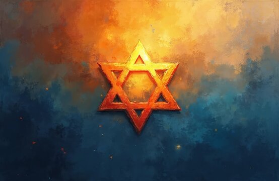 Textured illustration shows glowing Star of David. Vibrant gold, orange top fades to deep blue bottom. Abstract background represents spiritual evening twilight sky. Jewish symbol for faith, culture,