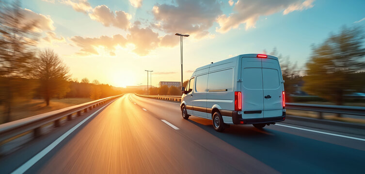 White cargo van drives on highway at sunset. Fast transport service moving goods. Delivery vehicle travels on road to city. Logistics business.