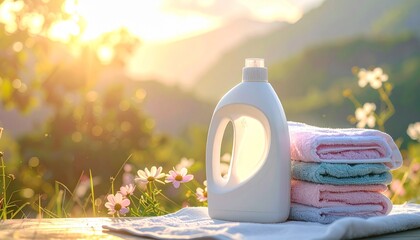 White plastic detergent bottle with pastel towels on soft sunlight background for laundry advertising