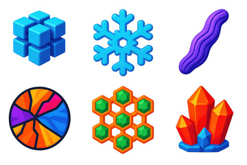 Vibrant Crystal Icon Set. 3D icon set of crystal structures under microscope: cubic salt crystal grid, hexagonal snowflake segment