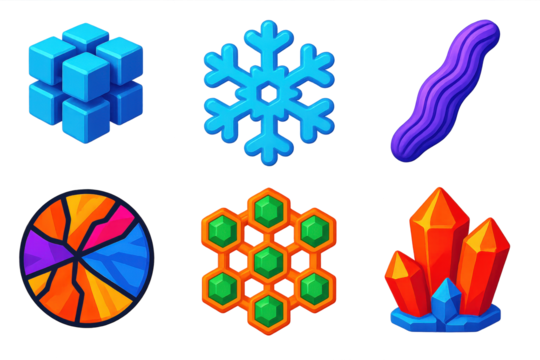 Vibrant Crystal Icon Set. 3D icon set of crystal structures under microscope: cubic salt crystal grid, hexagonal snowflake segment
