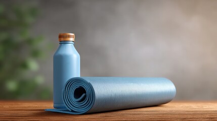 Yoga mat and water bottle on wooden table, fitness concept with calming colors and soft background, healthy lifestyle setup for workout and well-being activities