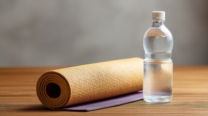 Yoga mat and water bottle on a wooden surface in a serene environment for fitness, wellness, and healthy lifestyle promotions or advertisements