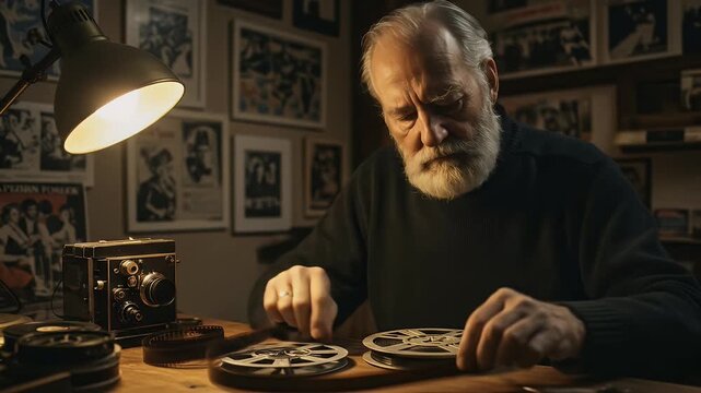 Elderly Man Inspects Vintage Film Reels Under Warm Lamp Light