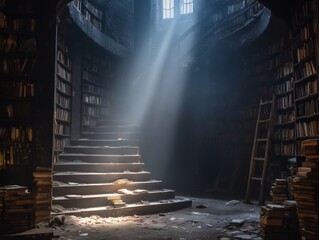 echo. Abandoned underground library with maze-like bookshelves extending into dusty darkness. STEM education sheets, lab safety posters, designed for STEM education and laboratory safety posters.