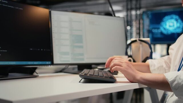 Close up of software developer typing on keyboard in office, using artificial intelligence. IT worker using writing code on PC to train deep learning datasets systems, camera A