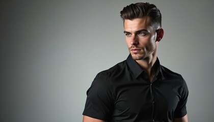 Young man with neat brown hair styled back wears crisp black collared shirt. He looks to side against a smooth grey background, posing with a confident look in studio.