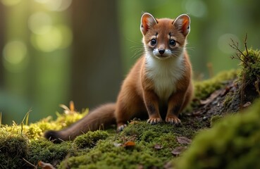 Obraz premium Young beech marten sits on mossy ground in green forest. Small animal with white chest fur looks at camera. Cute wild carnivore mammal in its natural habitat, outdoor.