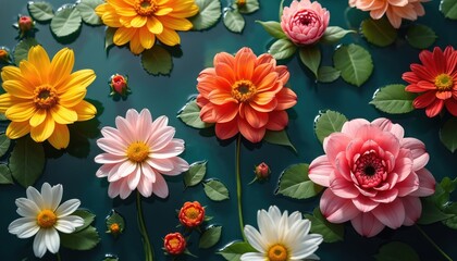 Various colorful flowers float on dark water surface. Floral composition presents pink dahlia blooms next to yellow daisies. Gentle fresh petals and leaves create nature botanical design.