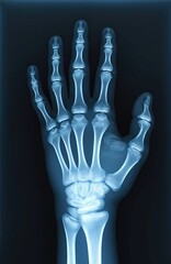 X ray of hand with missing fingers. Skeletal image for healthcare medical use. Diagnostic radiology scan shows bone structure anatomy of hand. Fracture analysis, trauma, surgery illustration for