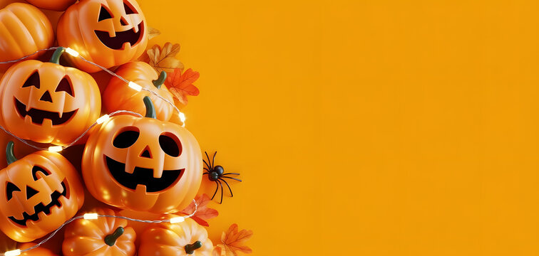 Pile of smiling jack-o-lanterns illuminated with string lights creating a festive Halloween background with copy space on orange - Powered by Adobe