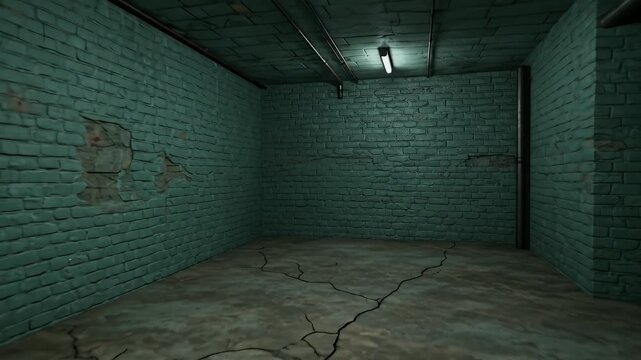 Empty Dark Room With Blue Brick Walls And Concrete Floor